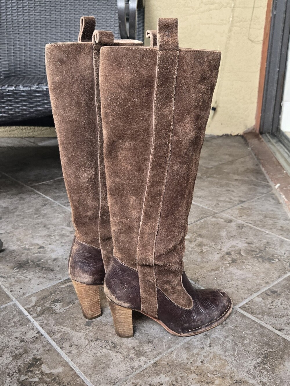 Frye Villager Pull On Tall Boots Leather Suede Heels Brown Size 6 - Picture 4 of 15